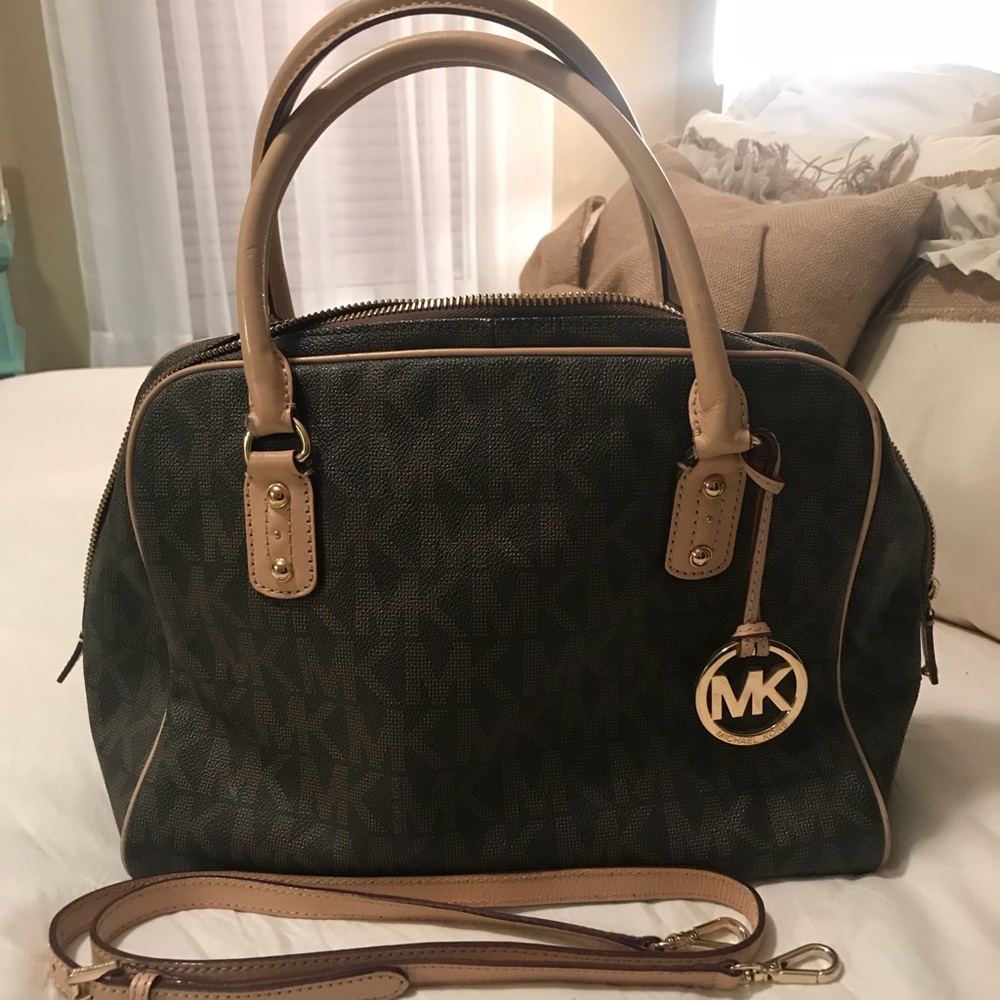 Brown MK Logo Leather Tote- Michael Kors